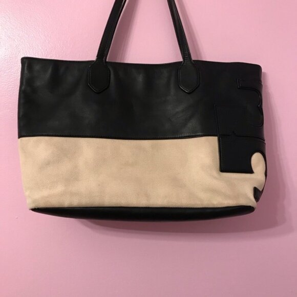 Tory Burch Black and Cream Canvas Market Tote Bag - Picture 6 of 10